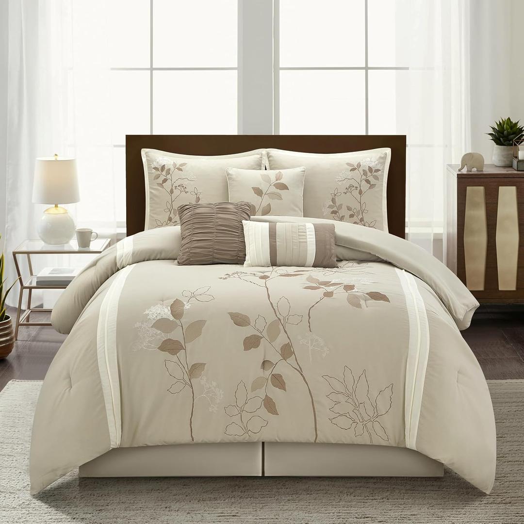 Stratford Park Beige Comforter Set King Size, 7 Piece Embroidery Bedding Set, Pillow Sham, Bedskirt, Decorative Pillow, Floral Comforters, Home Decor