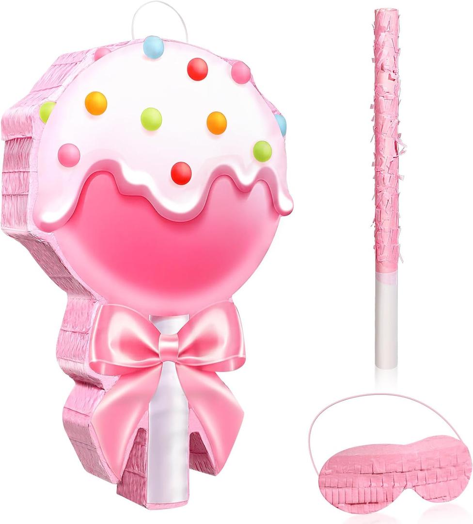 Aoriher Candy Party Favor Candy Piata with Stick Blindfold Pink Sweet Lollipop Candy Piata for Birthday Party Supplies Decoration