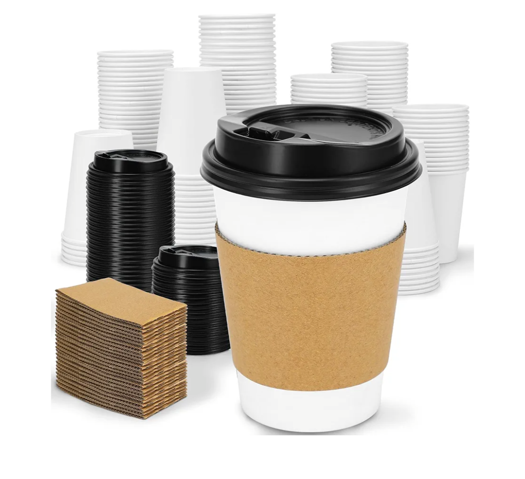 100 Pack 12 oz Disposable Coffee Cups with Lids and Insulated Sleeves, Leak-free Paper and Sturdy Thick Paper Hot to Go Coffee Cups with Lids for Cold/Hot Beverage (White)