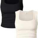 OQQ Womens 2 Piece Crop Tops Rueched Sleeveless Square Neck Stretch Basic Tank Shirts Medium, Black/Beige 