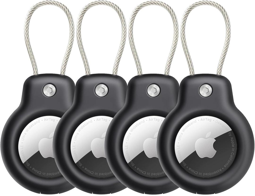 SPGUARD Airtag Holder for Apple AirTag Secure Holder With Wire Cable, 4 Pack Air Tag Lock Case Keychain Key Ring Key Chain Luggage tag For Keys, Luggage & More Men Women's Keyrings & Keychains (Black/Black/Black/Black)