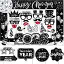 25pcs New Years Eve Party Supplies 2026 Silver Photo Booth Props, Black and Silver Happy New Year Photo Props with Frame, 2026 NYE Decorations