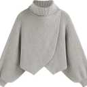 CIDER High Neck Solid Knitted Long Sleeve Crop Sweater Curve & Plus, Grey XL