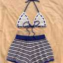 WDIRARA Women's Boho 2 Piece Outfits Hollow Out Micro Crop Halter Tops Striped Shorts Knit Set (Purple, M)