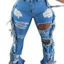 Lucuna Women's High Waisted Ripped Jeans Cut Out Destroyed Frayed Tassels Distressed Denim Pants, Size M