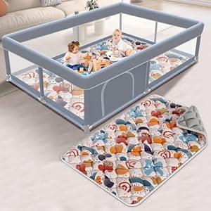 XVISHX 65 x 50 Inch Baby Playpen with Mat, Playpen for Babies and Toddlers, Baby Play Pen Playard for Indoor & Outdoor Active Center Game Fence, Skin-Friendly Fabric and Soft Breathable Mesh, Grey