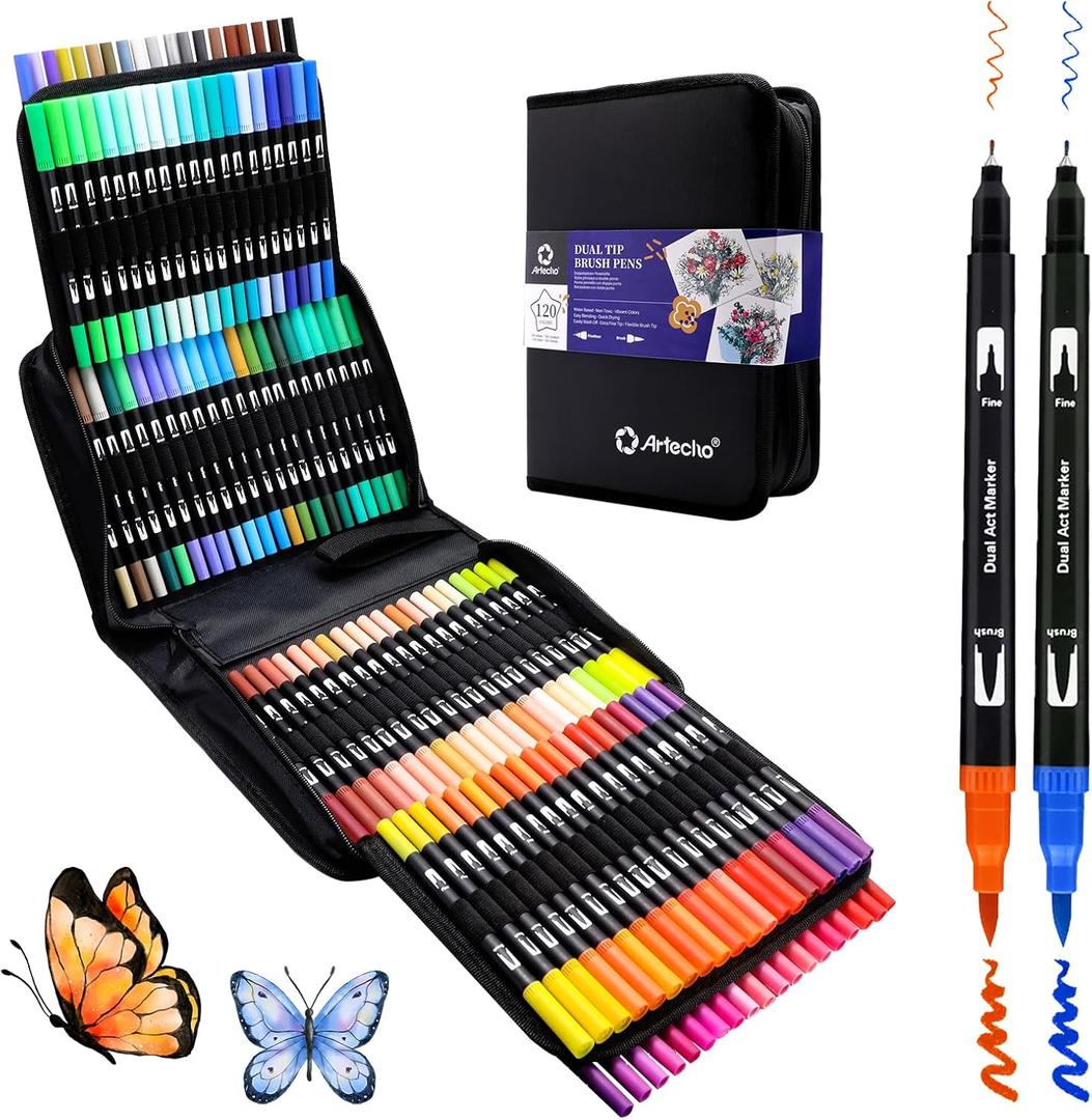 Artecho 120 Colors Markers for Adult Coloring Books, Dual Tip Markers for School, Fine and Brush Tip for Adults Coloring Books, Calligraphy, Drawing, Sketching