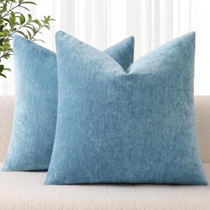 decorUhome Chenille Grey Blue Throw Pillow Covers 20x20 Inch Set of 2, Decorative Soft Couch Pillow Covers Solid Dyed Accent Farmhouse Neutral Square Pillow Cases for Sofa