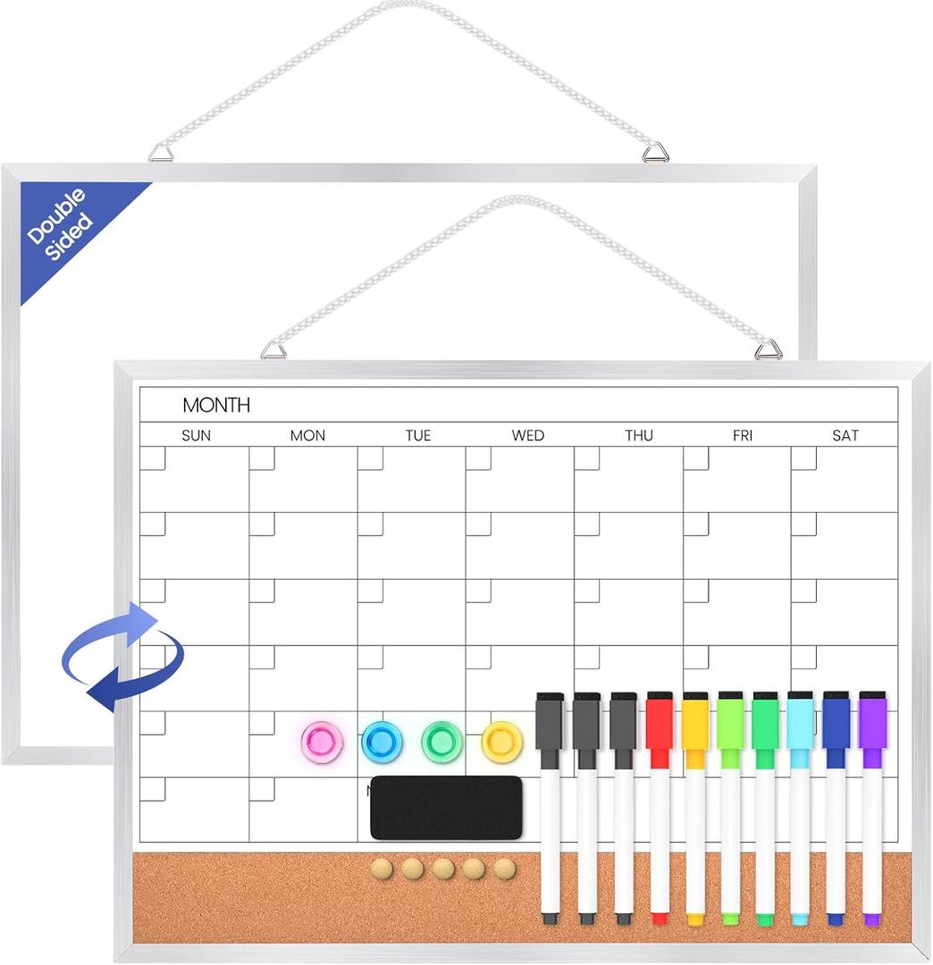 Monthly Calendar Dry Erase Board for Wall, 16"x12" Double-Sided Magnetic Calendar White Board with Cork, Silver Aluminum Alloy Frame Hanging Small Whiteboard for Office, Home, School