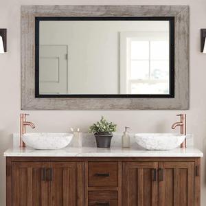 YOSHOOT Rustic Wooden Framed Wall Mirror, 32"x24", Natural Wood and Iron Bathroom Vanity Mirror for Farmhouse Decor, Vertical or Horizontal Hanging
