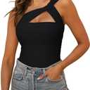 REORIA Womens Sexy One Shoulder Asymmetrical Tank Top Leopard Print Mesh Ruched Sleeveless Backless Trendy Going Out Thong Bodysuits Tops Black Small