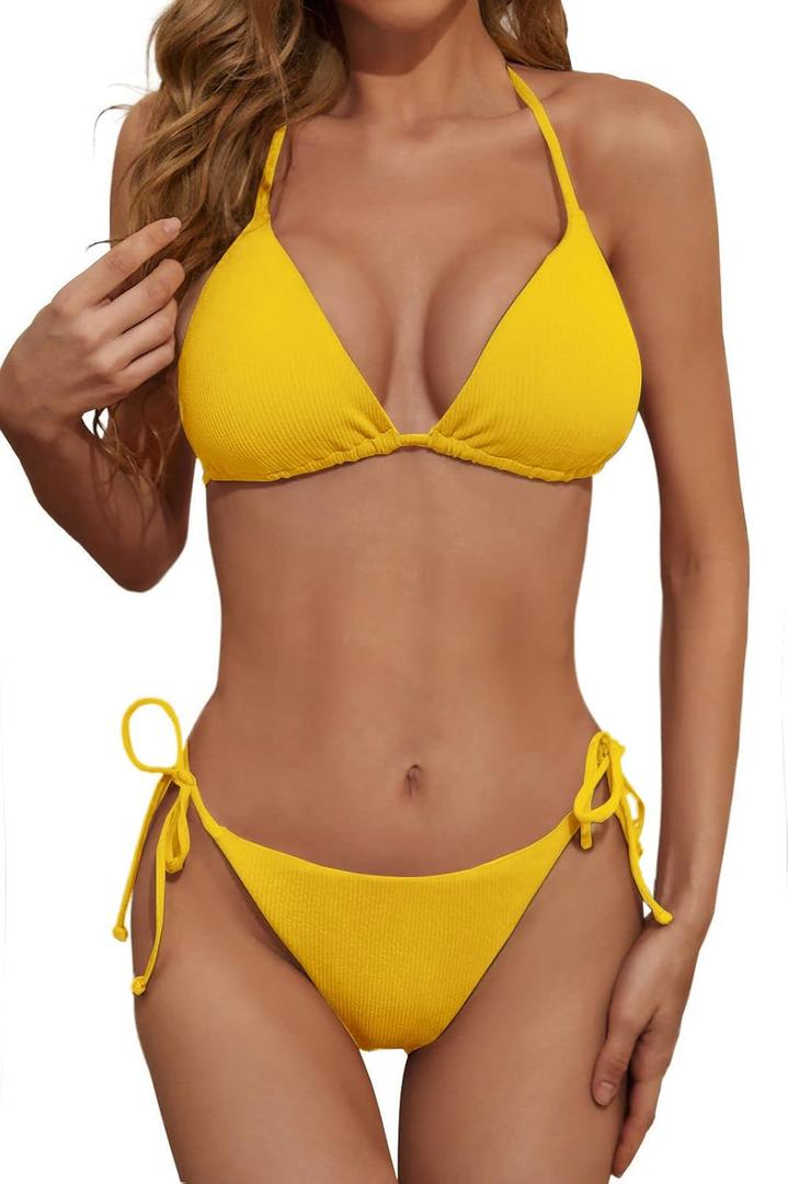 Zuvebamyo Women's Two Piece Bikini Swimsuit Sexy Ribbed Triangle Top Bathing Suits String Cheeky Bikini Sets Yellow S