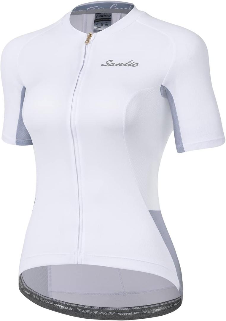 Santic Women's Cycling Jersey Short Sleeve Biking Shirt Full Zip Tops with 3 Pockets Breathable Quick Dry (Large, White)