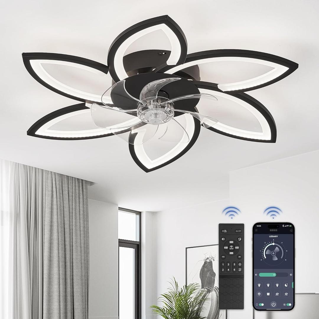 LEDIARY Flower Ceiling Fans with Lights, Small 30 Inch Modern Low Profile Ceiling Fan, Dimmable LED Ceiling Light Fixture, Flush Mount Ceiling Fans with Remote for Bedroom, Kitchen, Indoor-Black