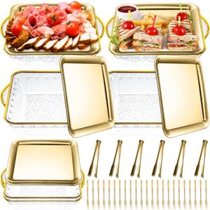 Baderke 6 Set 9" Chilled Serving Tray for Parties with Compartments Ice Chilled Party Platter Charcuterie Serving Board Cold Dish Dip with Forks Tongs for Fruit Seafood Vegetable Appetizer (Gold)