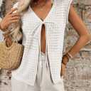 Women's 2026 Summer Short Sleeve Cardigan Sweater Tops Hollow Out Tie Front Y2k Crochet Vest Knit Beach Cover Ups (S)