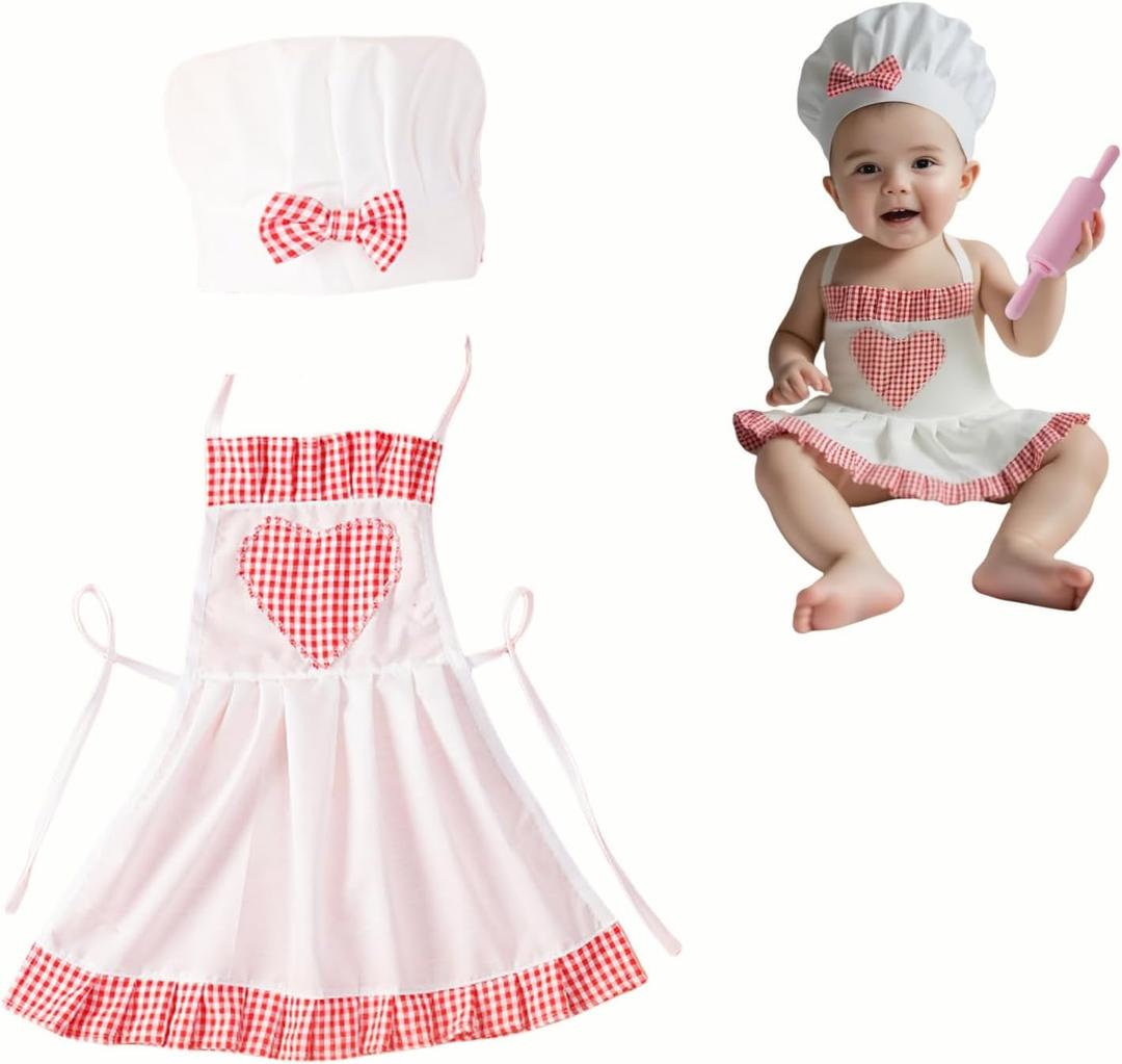 2 Pack Photography Props, Chef Hat and Apron for 8-24 Months, Newborn Photoshoots Posing Photo Accessories