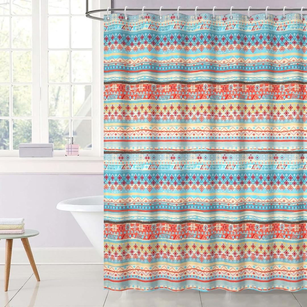 72x84inch Colorful Boho Fabric Shower Curtain Stripe Geometric Classical Retro Pattern Chic Tribe Style for Bathroom Decor Waterproof Bathtub Orange Shower Curtain Liner Durable with Hooks