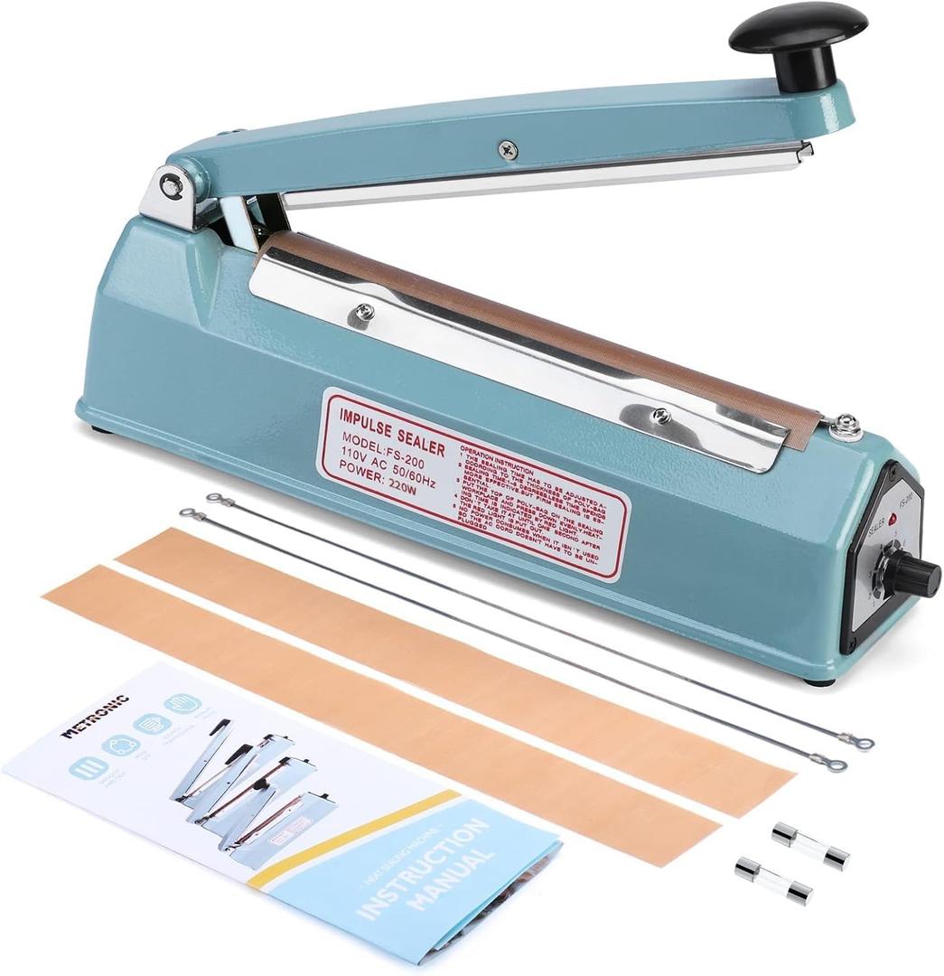 METRONIC Impulse Sealer 8 inch, Manual Heat Sealer Machine for Plastic Bags, Shrink Wrap Bag Sealers Heavy Duty Sealing Machine With Repair Kit (Blue)