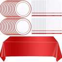 Pack Of 2 Ryzovo 49PCS Red Party Supplies,Red Disposable Tableware Includes 24 Plates,24 Napkins and 1 Tablecloth for Cake Salad Pizza, Dinnerware Decoration for Anniversaries Graduation Birthday Wedding Party