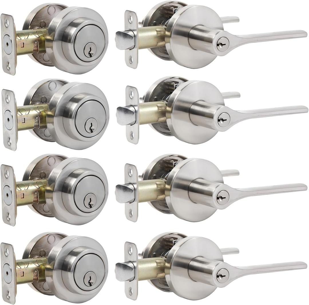Door Handles Exterior, Keyed Entry Lever and Single Cylinder Deadbolt Combo Pack, Door knob with Lock and Key, Round Entry Door Locksets Front Door, Satin Nickel (All Keyed Alike) 4Pack