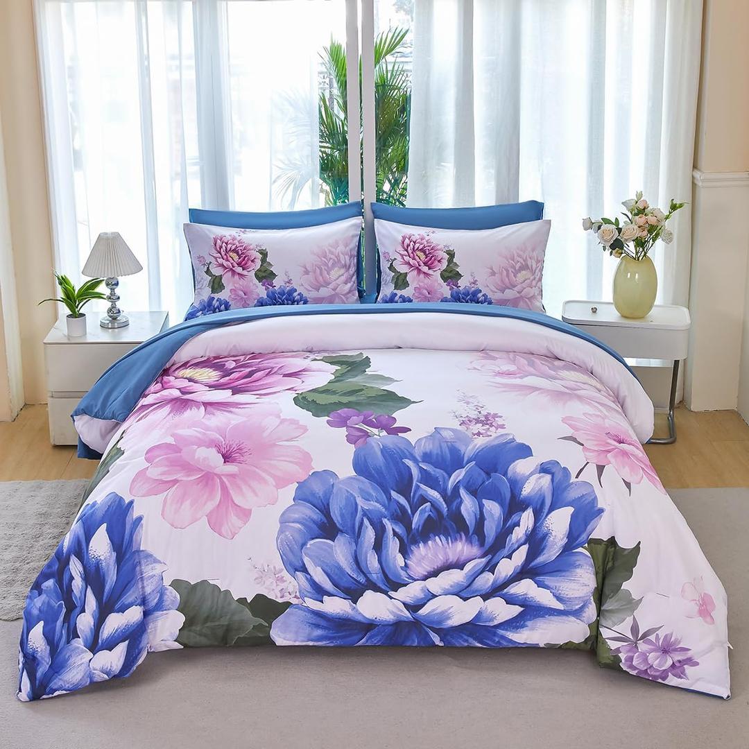 Full Size Bed in A Bag Blue Floral Bedding with Comforter Set 7 Pieces Botanical Comforter Set Soft Elegant Pink Flower Bed Set for All Seasons(Blue, Full)