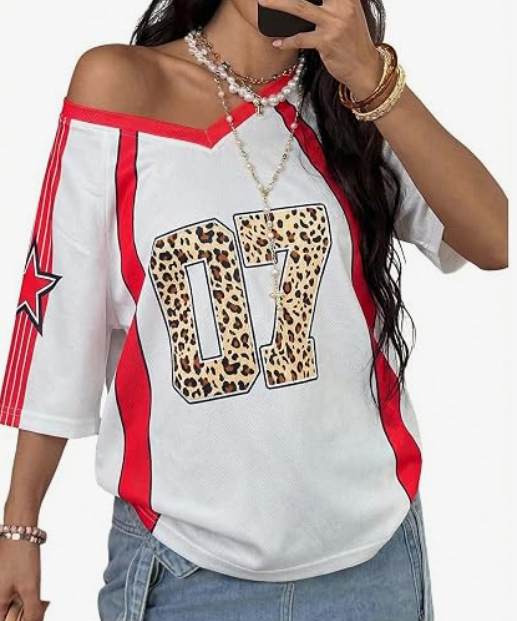 Jersey Shirt Women's Y2K Leopard Number Graphic Oversized V Neck Short Sleeve Streetwear Tee Tops, XL