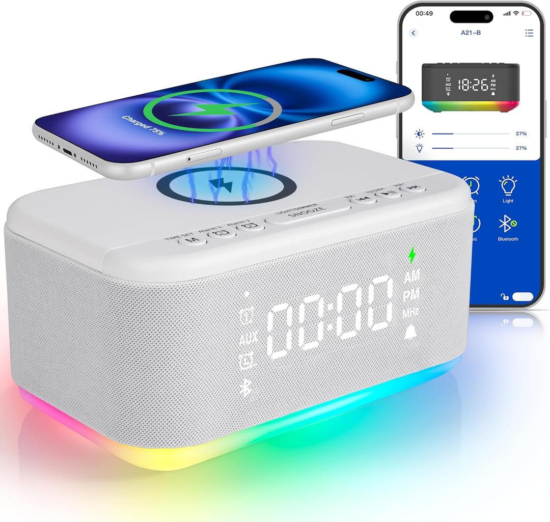 Bluetooth Alarm Clock Radio Bedroom, Digital Dual Alarm Clock Bedroom, Up to 10 Alarms Clock Night Light Speaker App/Button Control FM Charge Snooze Adjustable Brightness Dim 12/24H, White