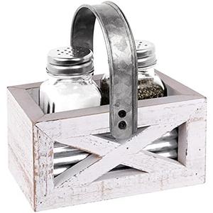 Farmhouse Salt and Pepper Shakers Set With Wood Holder Barn Door Motif, Galvanized Metal Rustic Napkin Holder for Country Farmhouse Kitchen Décor (White)