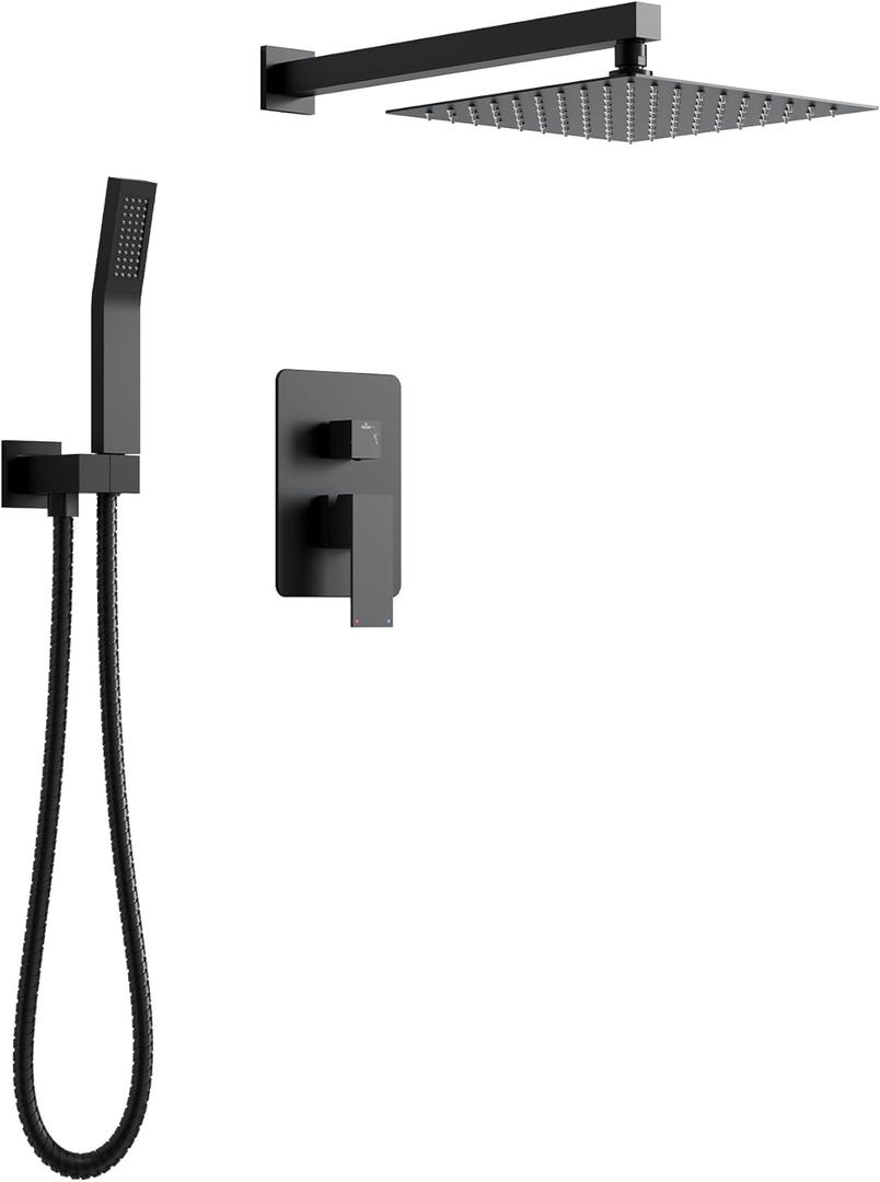 Longriver Shower Faucet Set, Shower System Bathroom High Pressure 10 Inches Rainfall Shower Head with Handheld Spray, Wall Mounted Shower Fixtures with Shower Valve and Trim Kit, Matte Black