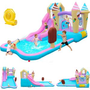 Inflatable Water Slide Bounce House, 8-in-1 Water Park with Water Cannon, Climbing Wall, Basketball Hoop & Splash Pool, Ice Cream Castle Theme, 126x79x65 inches, Ages 3-6, 350W Blower Included