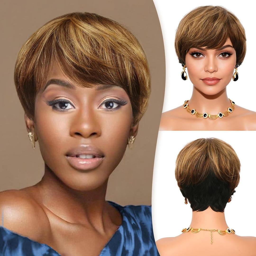 RUWISS Pixie Cut Wigs for Black Women Pixie Cut Human Hair Wigs Short Layered Wigs Upper Brown&Blonde Mixed Lower Natural Black Short Pixie Human Hair Wigs (BL1B/427 (1157)