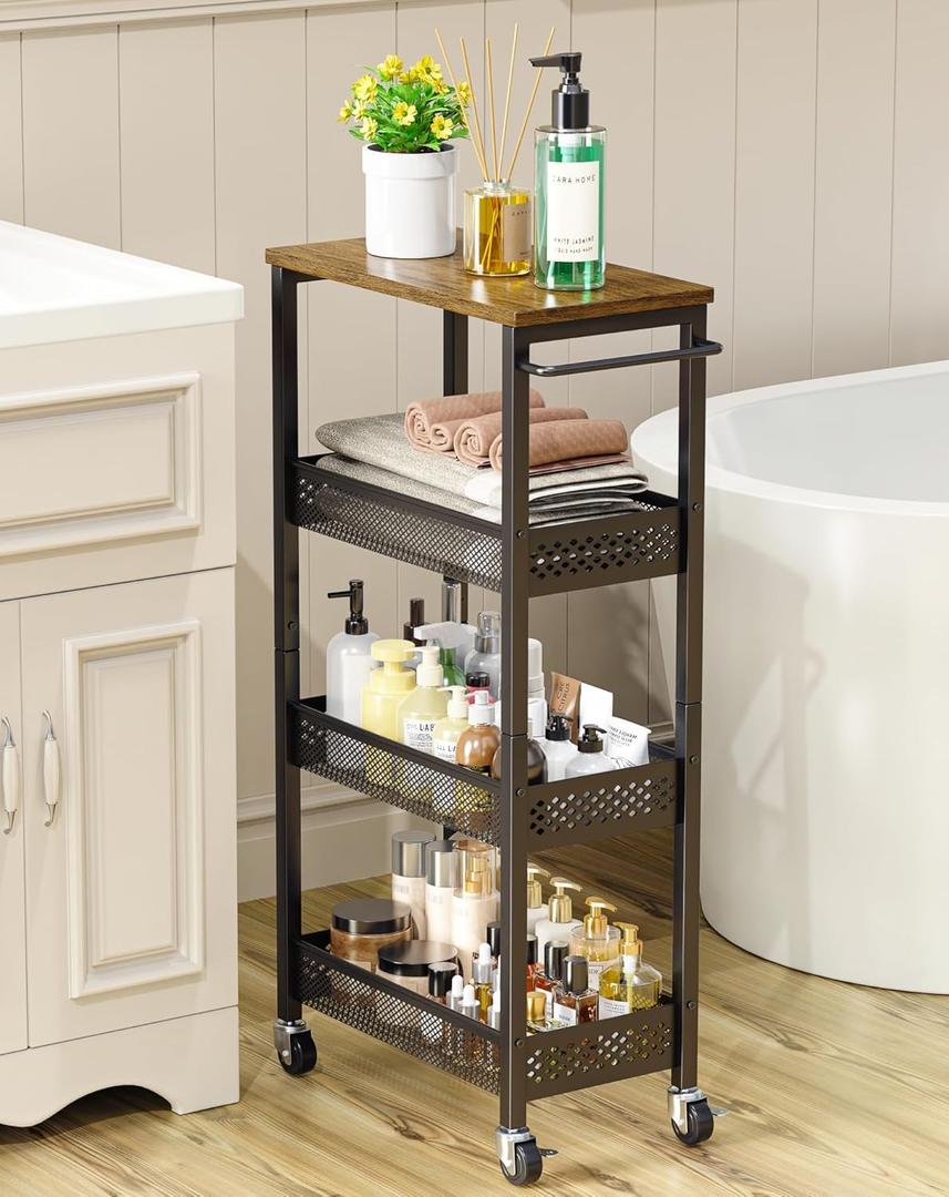 Utility Slim Storage Cart, 4-Tier Narrow Bathroom Organizer and Storage Cart, Metal Narrow Kitchen Laundry Room Organization Rack with Wood Top, Slim Rolling Shelf with Wheels for Small Space (9.1 inch wide, Black)