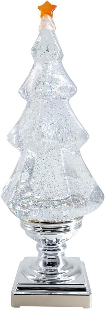 Eldnacele Musical Light-up Glitter Christmas Tree, Christmas Tree Shaped Singing Snow Globe with Silver Base, Battery and USB Cord Powered Decorative Lamp, Silver with Music