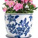 HakkaGirl 8 inch Ceramic Flower Pots, Chinoiserie Decor Ceramic Planter Plant Pots for Indoor Plants with Drainage and Saucer, Blue and White