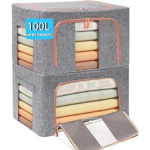Large Capacity Clothes Storage Bags Stackable Storage Organizer with Foldable Metal Frame Zipper Handles Clear Window Storage Container Box for Blanket Sweater Comforter Pillow (100L Gray 2 Pack) Large Capacity Clothes Storage Bags Stackable Storage Organizer with Foldable Metal Frame Zipper Handles Clear Window Storage Container Box for Blanket Sweater Comforter Pillow (100L Gray 2 Pack)