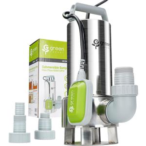 Green Expert 1.5HP Submersible Sump Pump, Max 6000 GPH High Flow, Full 304 Stainless Steel, Automatic Tethered Float Switch, 25 ft Power Cord, Handles 1-1/3 in Solids, for Basement Sewage Pit & Pools