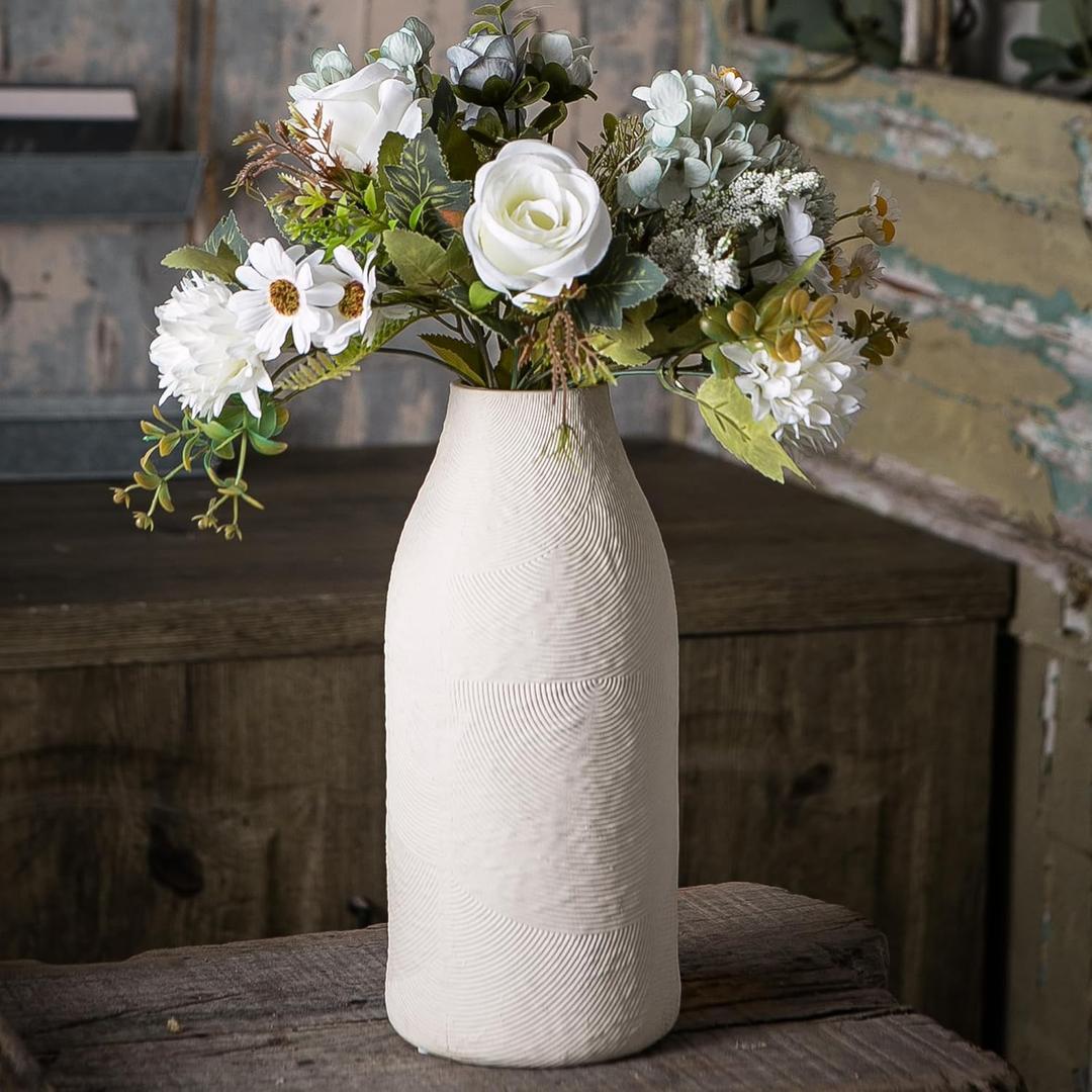 Large Textured Vase, Boho Ceramic Vase for Modern Farmhouse Home Decor, Pottery Vases for Flowers, Pampas Grass, Rustic Decorative Vase, Clay Vase Centerpieces for Dining Table (Large Single)