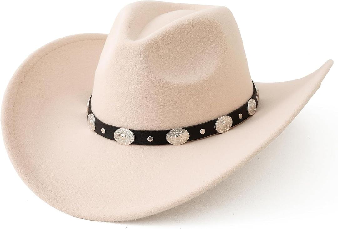 Lanzom Women Men Felt Wide Brim Western Cowboy Hats Belt Buckle Panama Hat (Small-Medium, Beige)