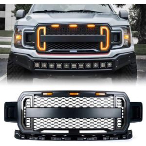 Front Grill Mesh Grille Replacement Compatible for Ford F 150 2018 2019 2020 with DRL & Turn Signal Lights and 3 Amber LED Lights(Matte Black)
