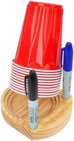 Hosting Essentials: Drink & Cup Holder with Marker Slot - Prevent Mix-Ups at Parties, BBQs, Weddings, Cookouts & Birthdays - Wooden Organizer Fits Universal Disposable Cup Sizes