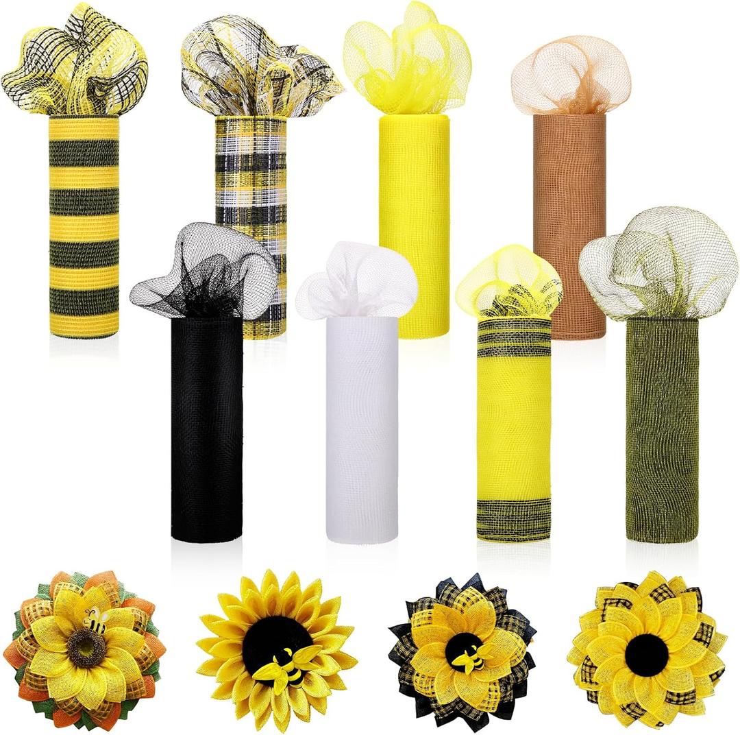 Newwiee 8 Rolls Bee Day Mesh Ribbon for Wreaths 10 Inch x 30 Feet Each Roll Decor for Wreath and Sunflower Wreath Mesh Ribbon Metallic Foil Bee Day Decoration DIY Crafts Making Supplies