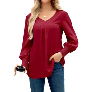 OMSJ Women's V Neck Smocked Cuffs Long Sleeve Dressy Casual Shirts Loose Chiffon Work Blouse Elegant Tops (Medium, Red)