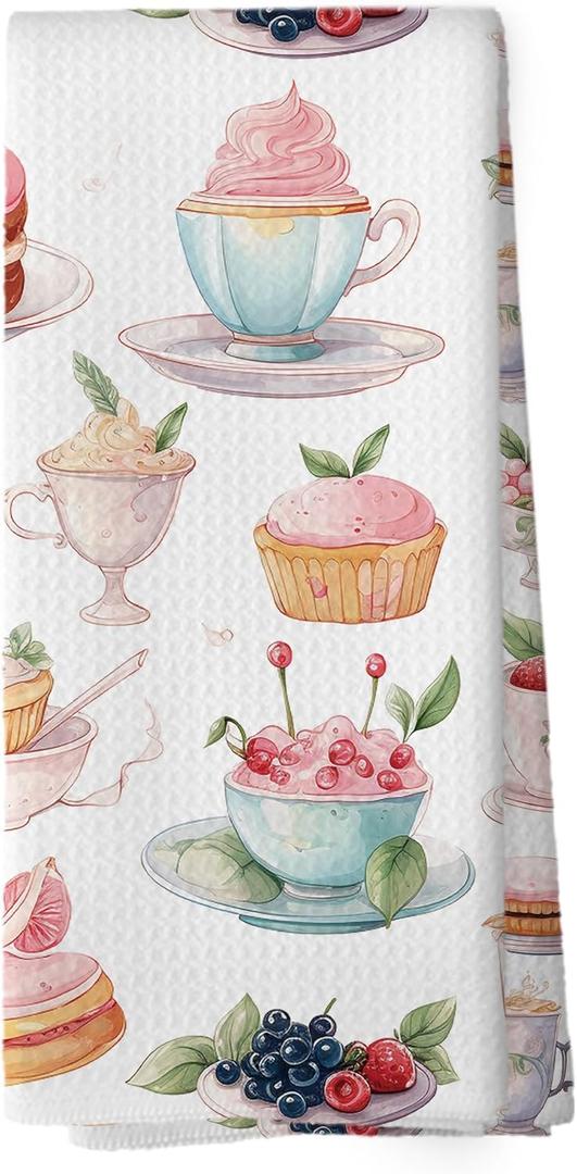 Coffee Tea Time Kitchen Towels - Cute Teacup Cake Dish Towels, French Patisserie Sweet Cream Strawberry Decorative Absorbent Dishcloths Hand Towel for Kitchen Decor 16x24 Inches (Dessert-3)