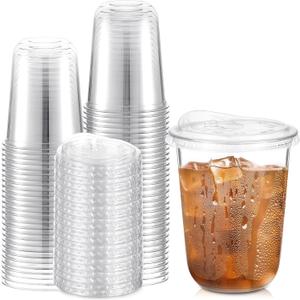 LemonRoad 50 Sets Plastic Cups with Strawless Sip Lids, Thickened Round Bottom PET Disposable Clear Cups for Iced Coffee Smoothie Cold Beverage Coffee Shops and Party Catering(Clear,16 oz) (EXP 08/13/26)