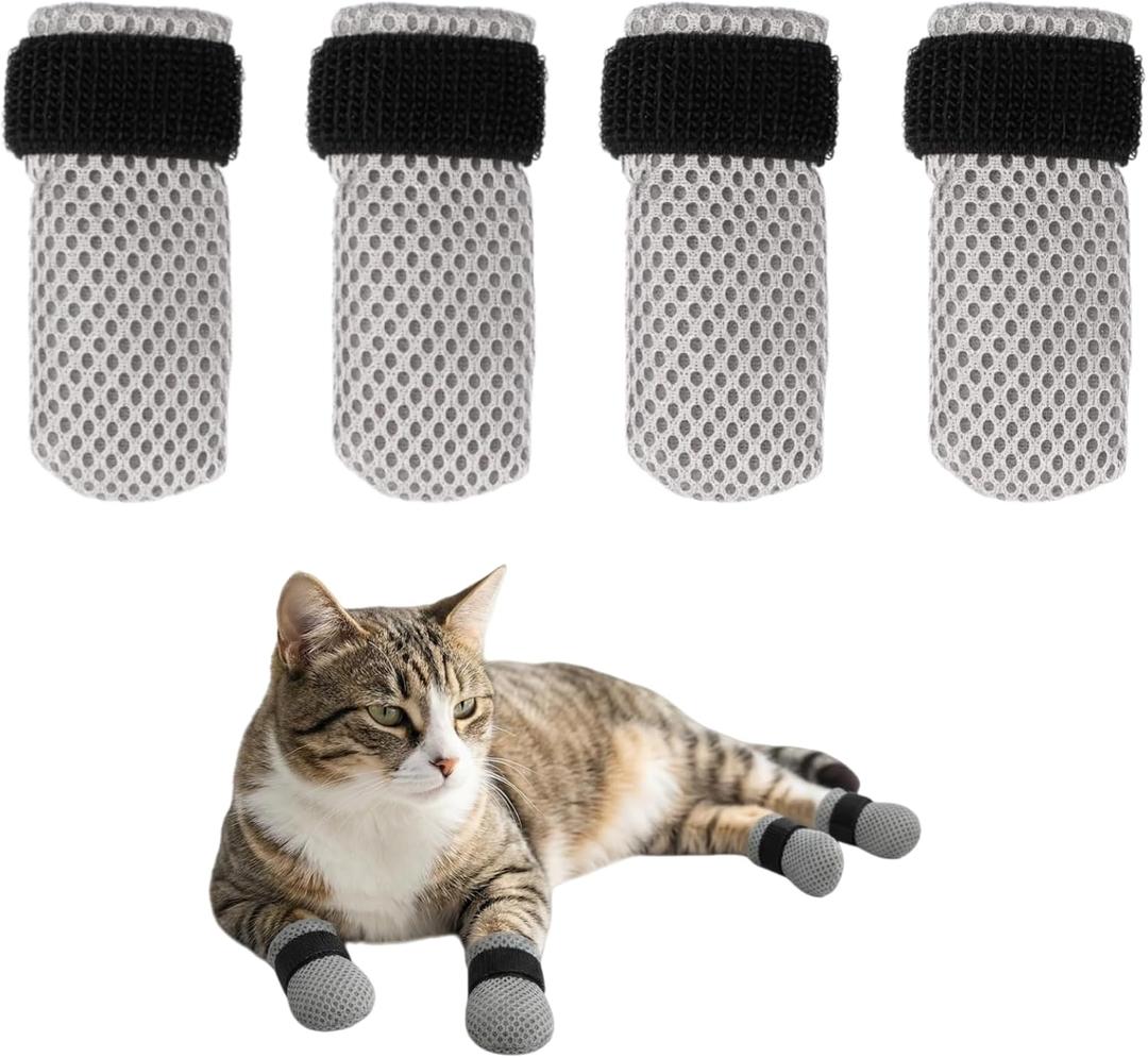 4 Pcs Cat Mittens to Prevent Scratching, Adjustable Shoes for Cats Paw Covers Booties Socks Paws Anti Scratch Non-Slip Mesh Breathable for Pet Kitten Bathing Feeding Cutting Nail Trimming(Gray)
