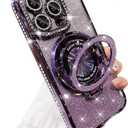 Magnetic Case for iPhone 14 Pro Max with Ring Holder, Luxury Glitter Rhinestone Bling Case [Compatible with Magsafe] Shockproof Kickstand Camera Lens Protector for iPhone 16 Pro (Purple)