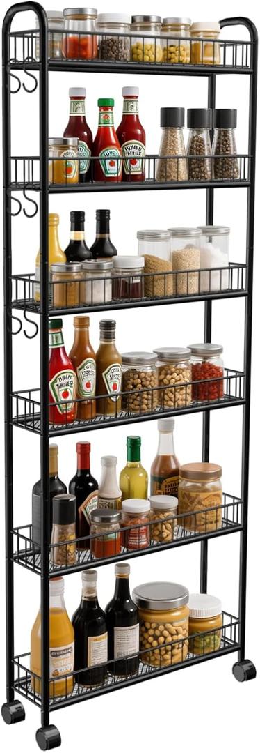 6in 6 Tier Slim Storage Cart with Wheels, Narrow Space Rolling Shelving Unit, Metal Wire Mobile Organizer Rack for Kitchen Bathroom Office Laundry, 6in Black Cart