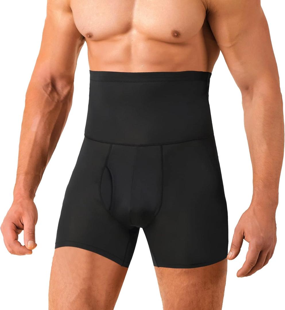 BIGFOX Men Tummy Control Shorts High Waist Slimming Underwear Body Shaper Seamless Compression Boxers Briefs Men Waist Trainer Girdles for Belly Fat (Black, XL)