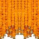 Marubhumi 5-PC Artificial Marigold Flower Garland – 4.5 Feet Long Strands with Bells | Mango Color | Diwali, Wedding, Home, and Christmas Décor